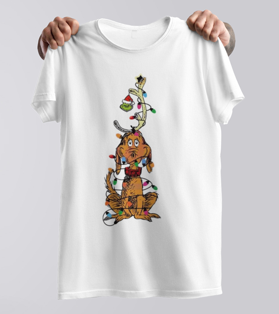 Funny Grinch Christmas Lights With Dog Wrapped In Colorful String Of Lights T-Shirt