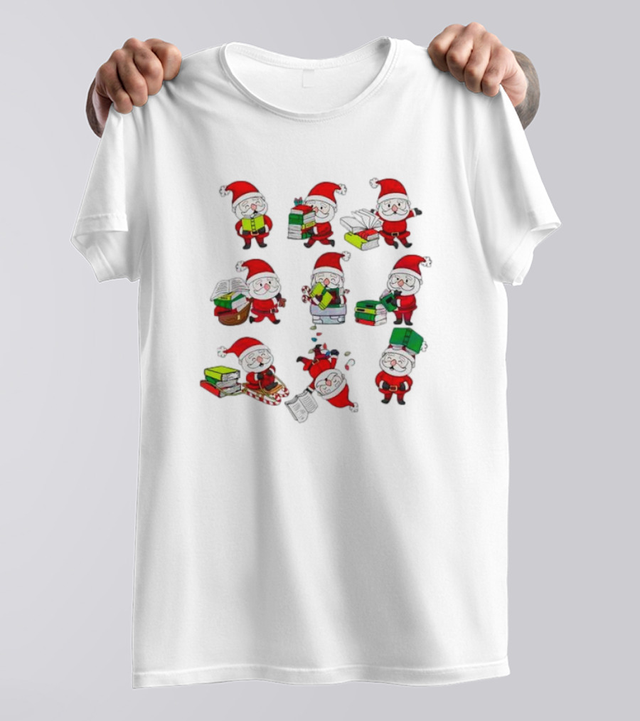Funny Santa Claus Reading Books And Carrying Stacks In Various Poses T-Shirt