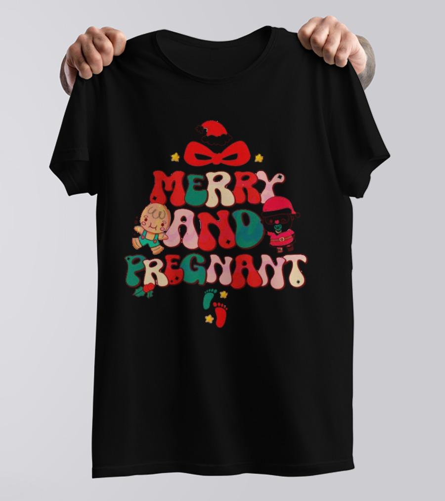 Merry And Pregnant Christmas Tree Baby Reveal With Santa Hat And Gingerbread People T-Shirt