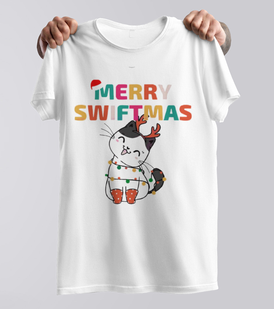 Merry Swiftmas Christmas Cat With Reindeer Antlers And Festive Lights T-Shirt