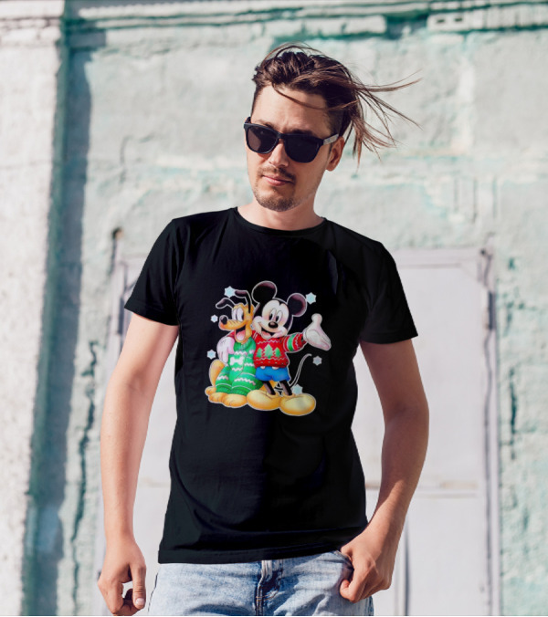 Mickey And Pluto Christmas Sweater Holiday Scene T-Shirt