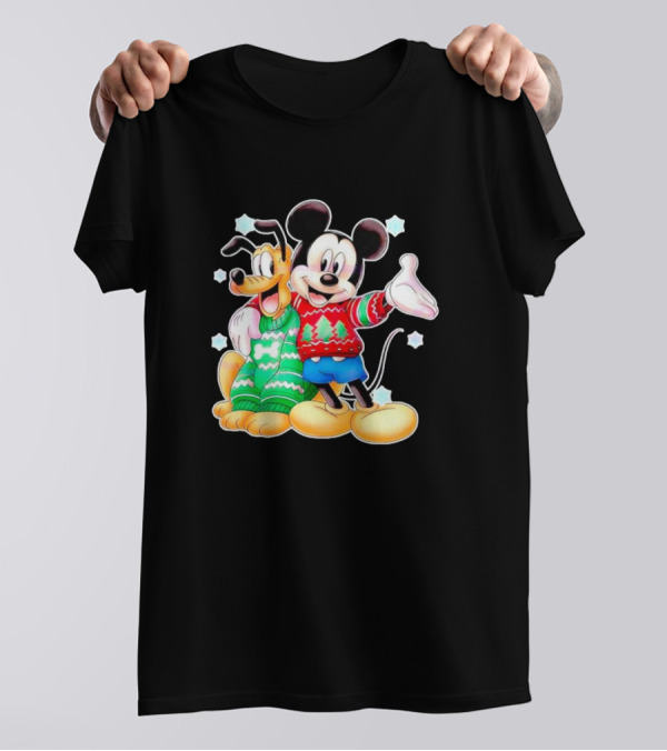 Mickey And Pluto Christmas Sweater Holiday Scene T-Shirt