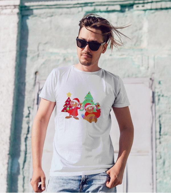Santa Jaq And Gus With Christmas Lights And Presents By Christmas Tree T-Shirt