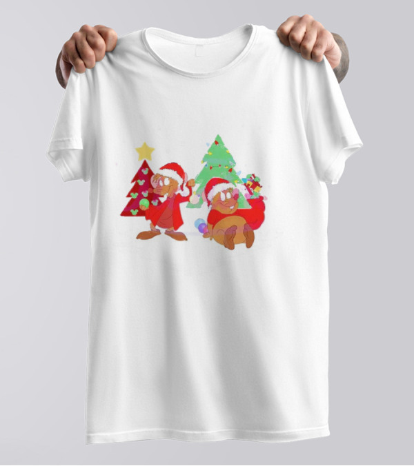 Santa Jaq And Gus With Christmas Lights And Presents By Christmas Tree T-Shirt