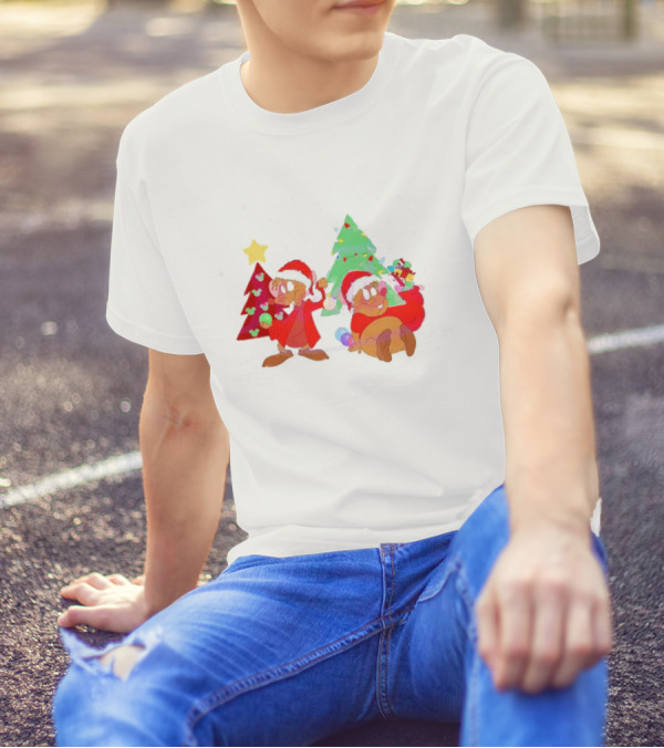 Santa Jaq And Gus With Christmas Lights And Presents By Christmas Tree T-Shirt