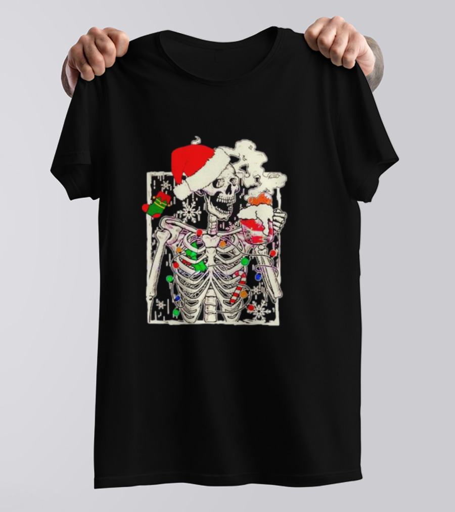 Skeleton Santa Hat Snowflake Christmas Coffee Candy Cane Holiday Scene T-Shirt