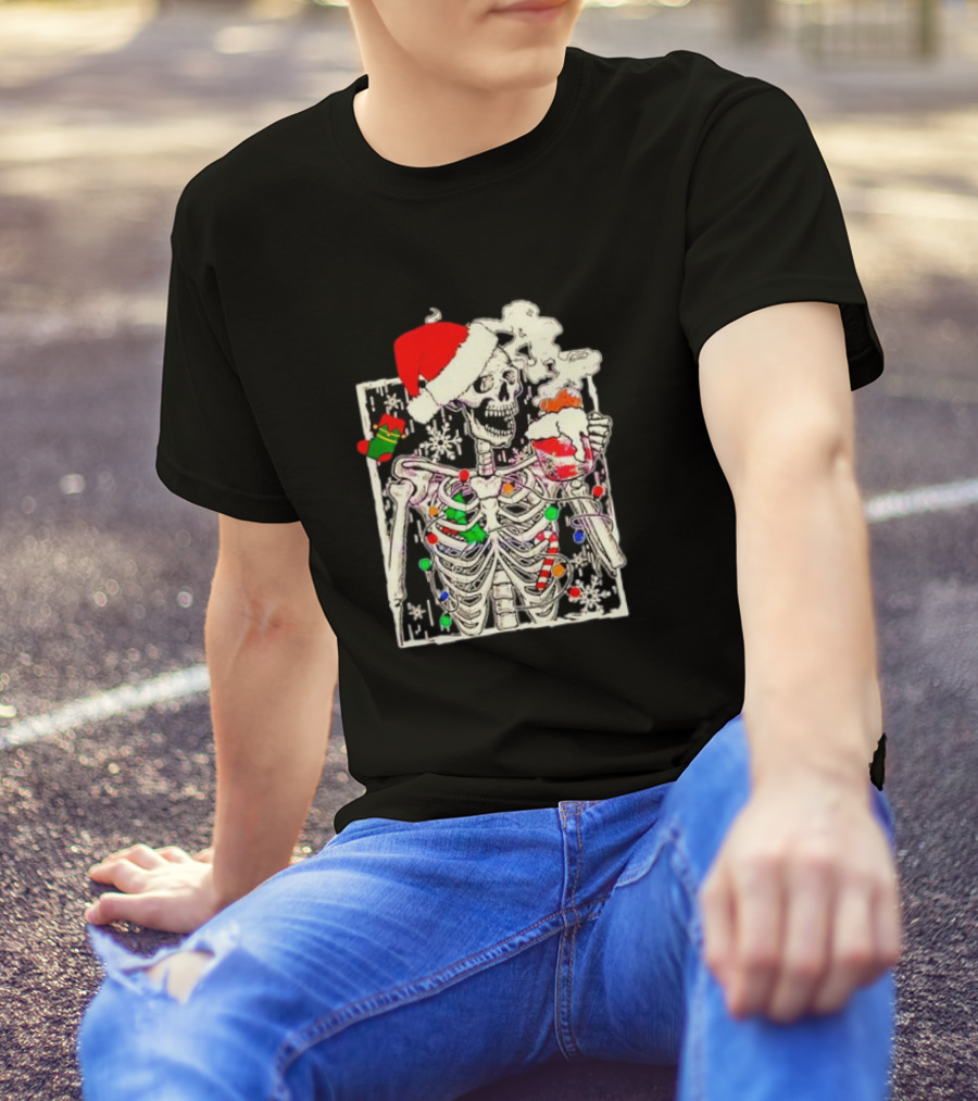 Skeleton Santa Hat Snowflake Christmas Coffee Candy Cane Holiday Scene T-Shirt