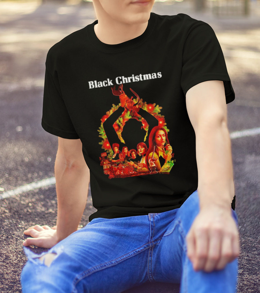 Black Christmas Silent Night Horror Movie Characters Axe Wreath Scene T-Shirt