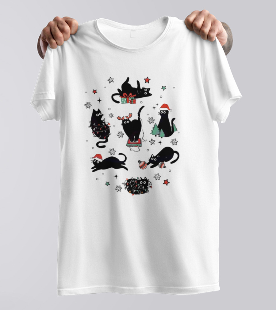 Christmas Black Cat Santa Hat Presents Lights Trees T-Shirt