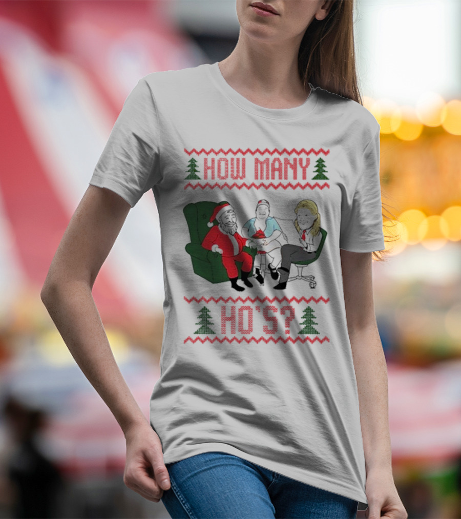 How Many Ho’s Santa Chair Christmas T-Shirt