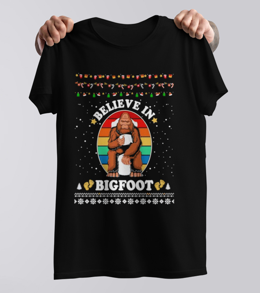 Believe In Bigfoot With Toilet Humor And Christmas Icons T-Shirt