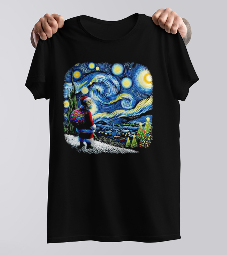 Cat Santa Paws Van Gogh Starry Night Christmas Holiday Scene T-Shirt