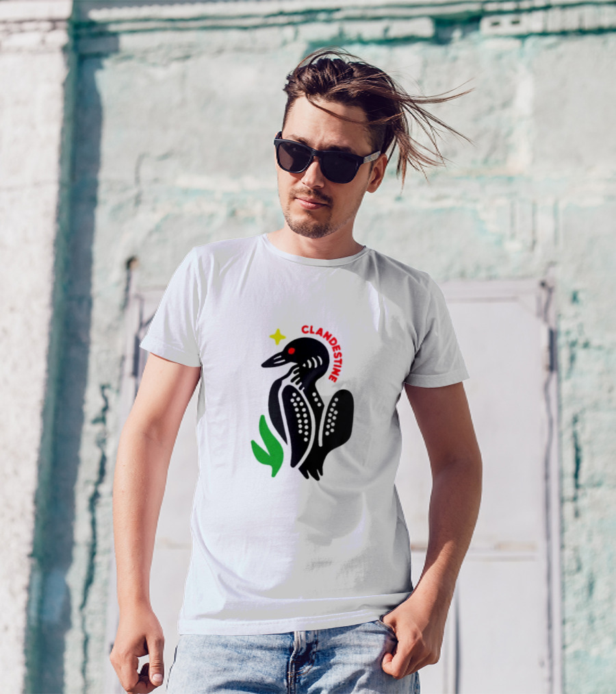 Clandestine Loon Bird With Star And Green Leaf Elements T-Shirt