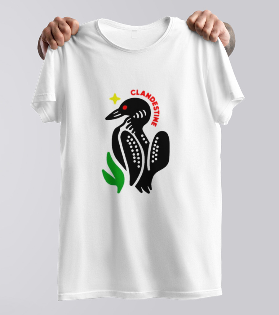 Clandestine Loon Bird With Star And Green Leaf Elements T-Shirt