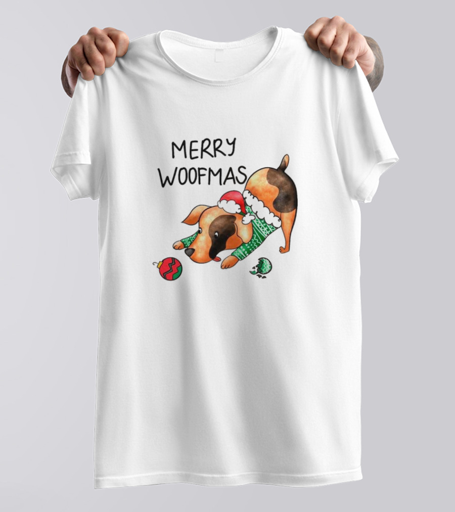 Merry Woofmas Dog In Santa Hat And Sweater With Christmas T-Shirt