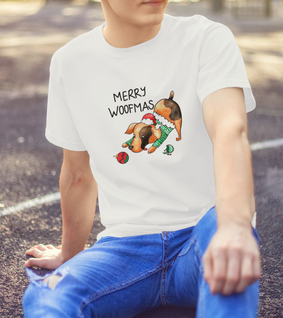 Merry Woofmas Dog In Santa Hat And Sweater With Christmas T-Shirt