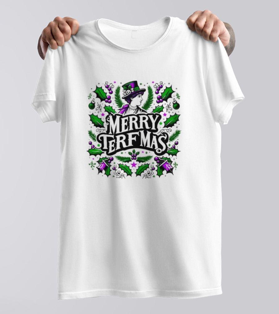 Merry Terfmas Victorian Style Holiday Design With Green And Purple Holly T-Shirt