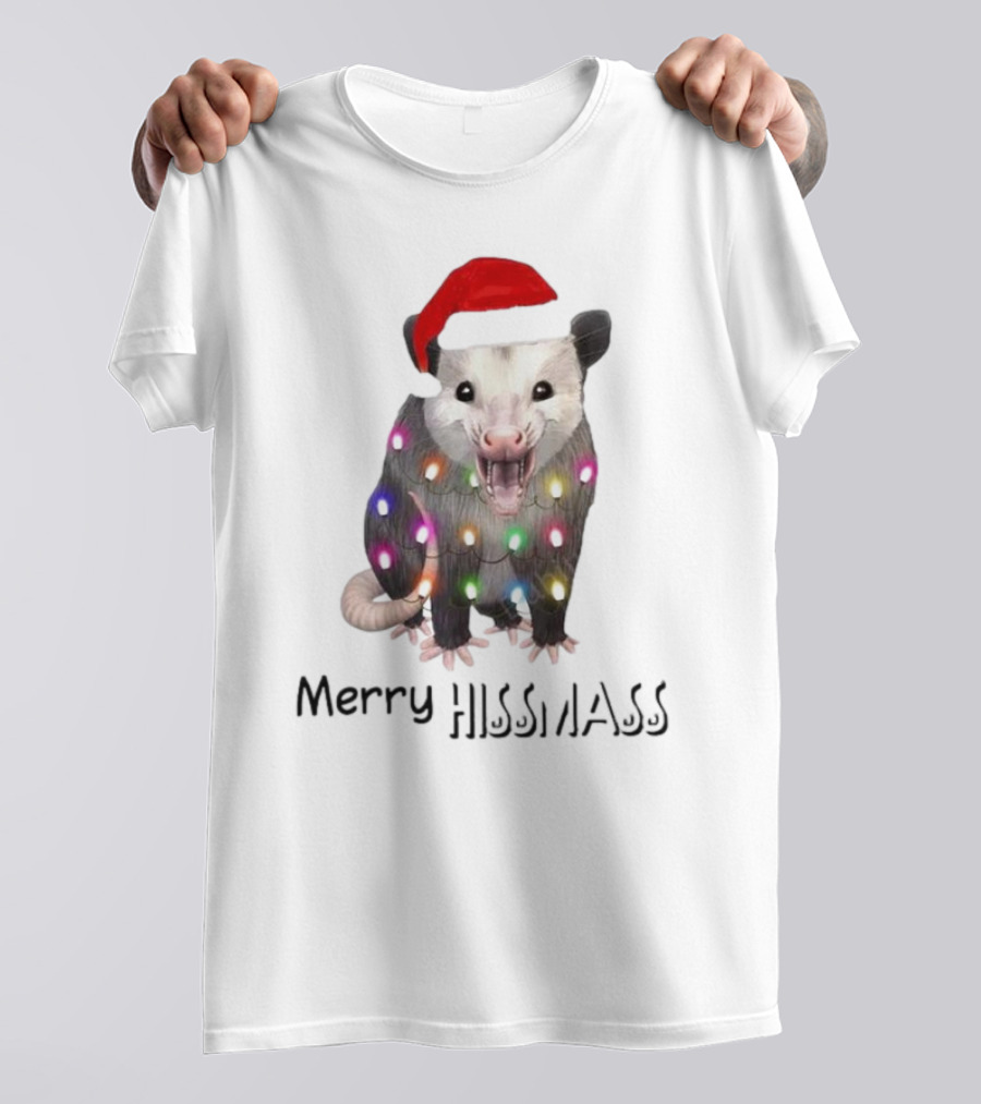Merry Hissmas Opossum Santa Hat Christmas Lights T-Shirt