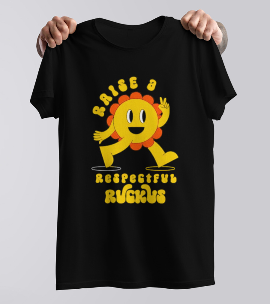 RAISE A RESPECTFUL RUCKUS CHARACTER WALKING WITH PEACE SIGN YELLOW AND ORANGE T-Shirt