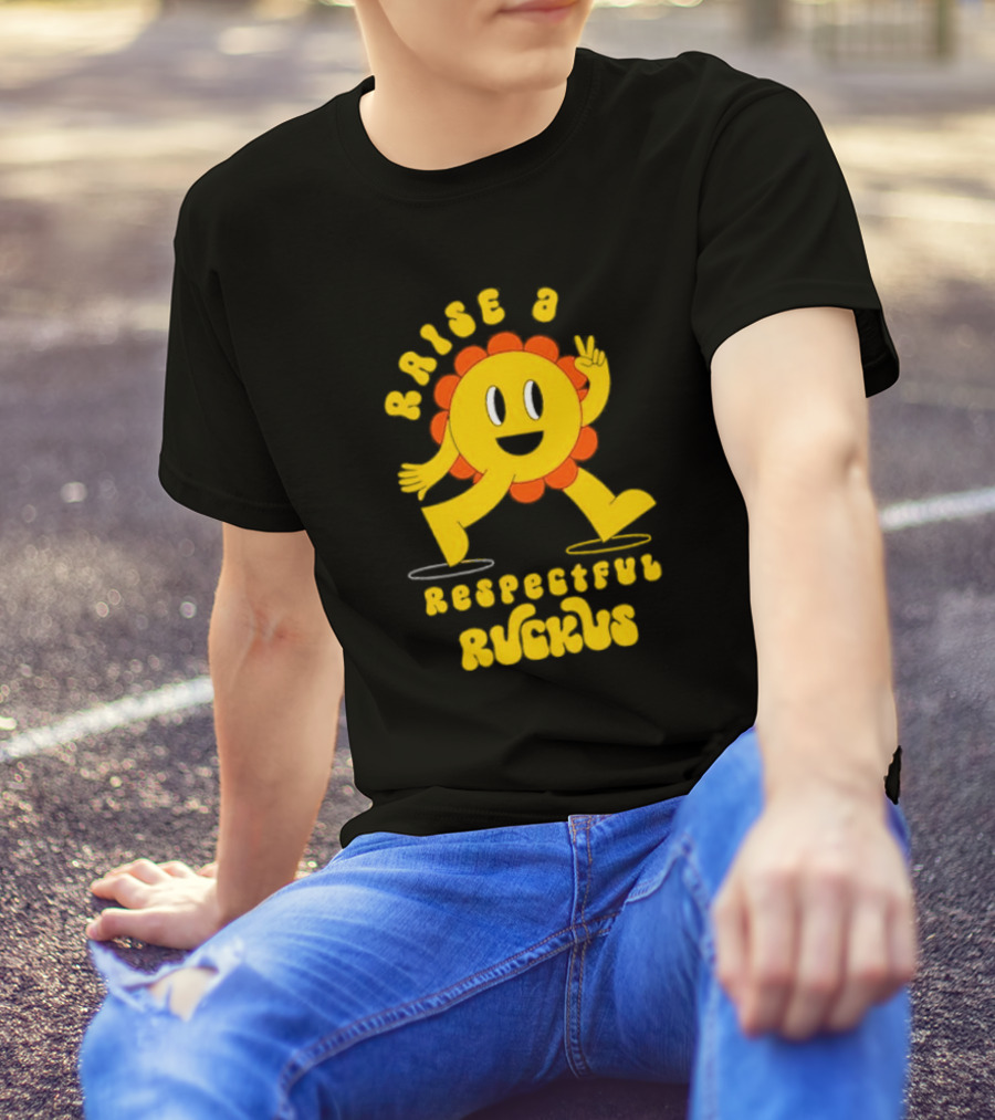 RAISE A RESPECTFUL RUCKUS CHARACTER WALKING WITH PEACE SIGN YELLOW AND ORANGE T-Shirt
