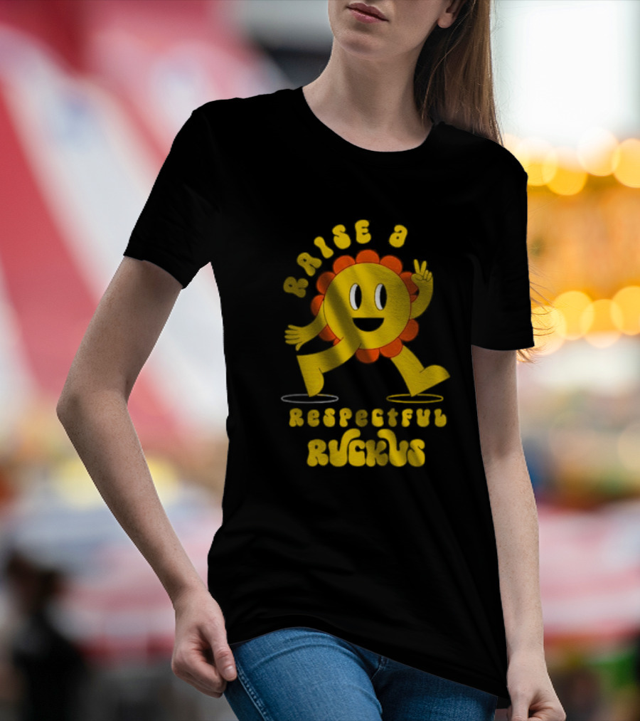 RAISE A RESPECTFUL RUCKUS CHARACTER WALKING WITH PEACE SIGN YELLOW AND ORANGE T-Shirt