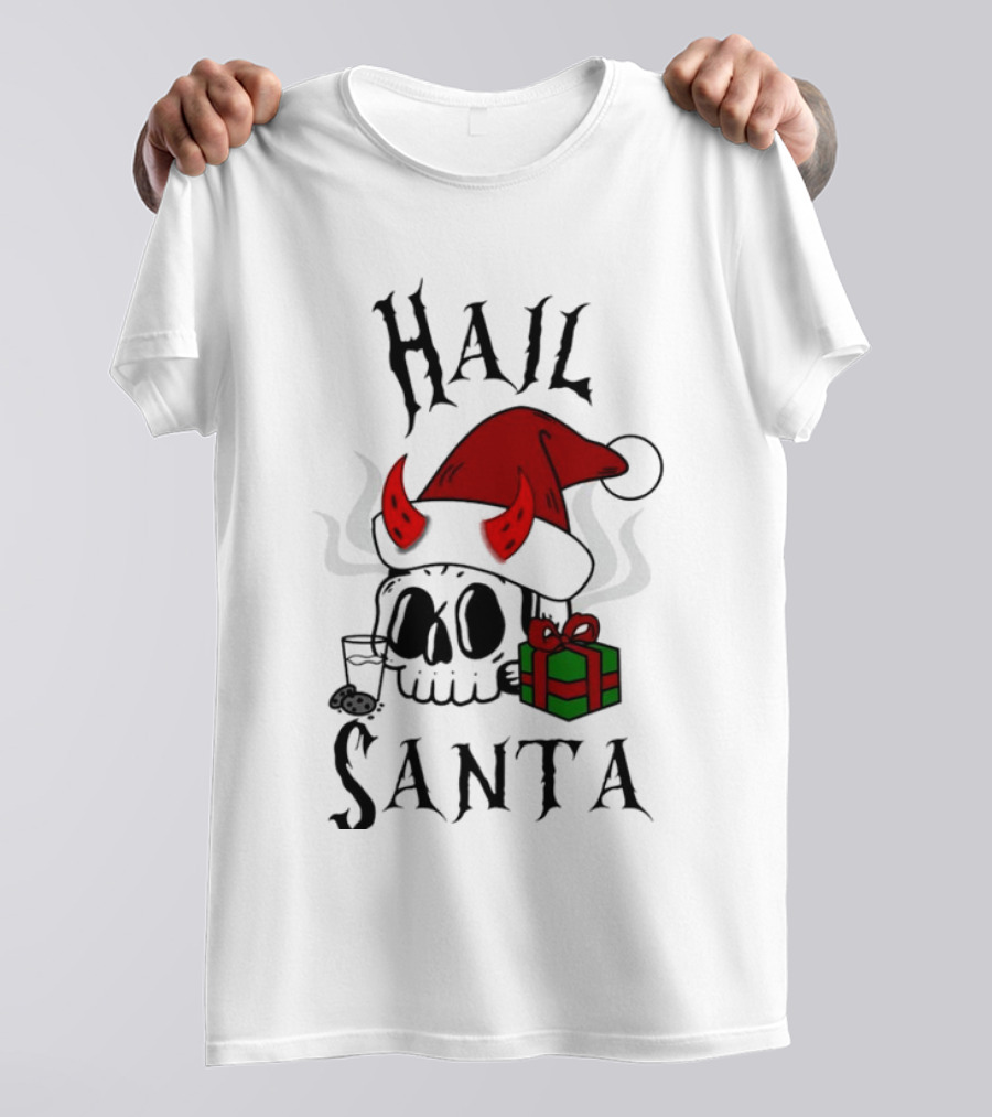 Hail Santa Skull With Devilish Santa Hat And Christmas Present T-Shirt