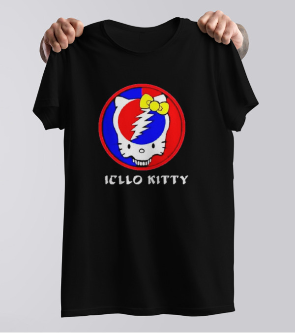 Hello Kitty Grateful Dead Skull Icon With Lightning Bolt And Yellow Bow T-Shirt