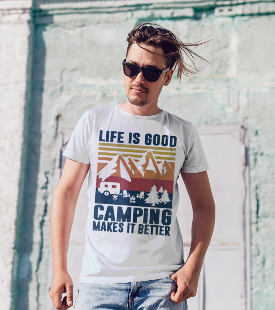 Life Is Good Camping Makes It Better Vintage Mountains Camper Landscape T-Shirt