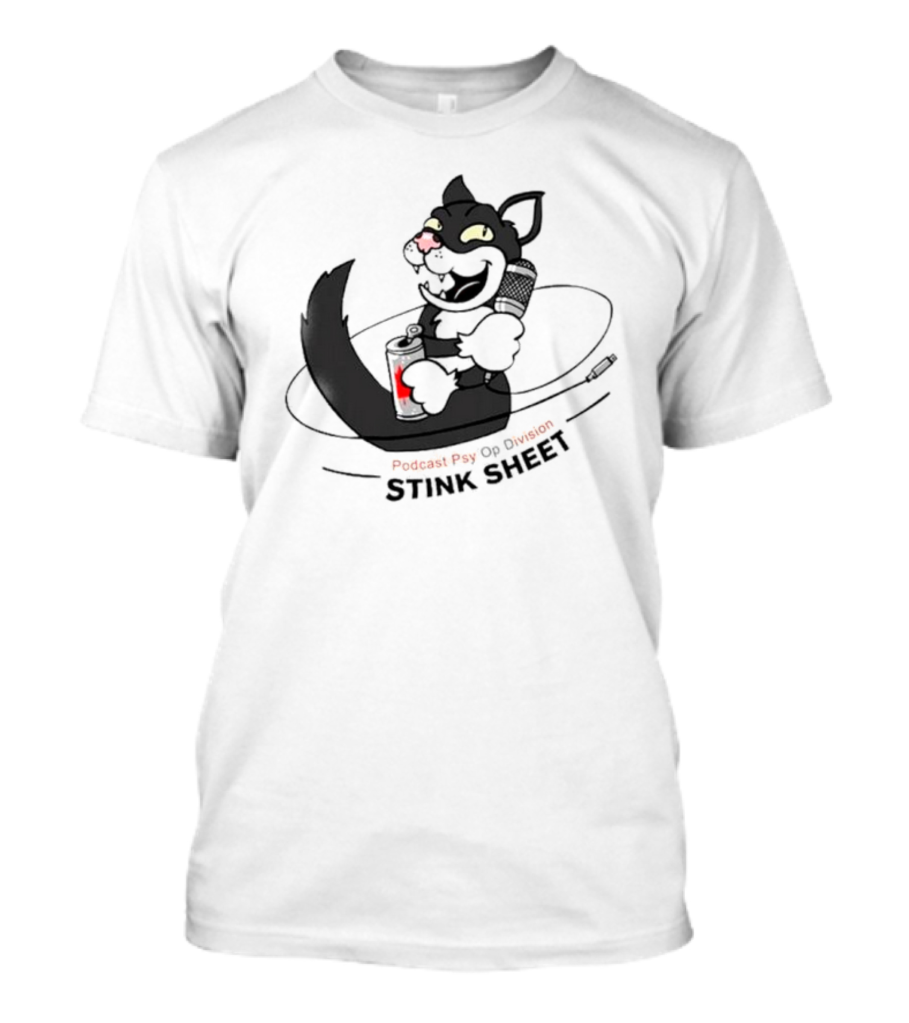 Podcast Psy Op Division Stink Sheet Mischievous Cartoon Cat With Microphone And Spray Can T-Shirt