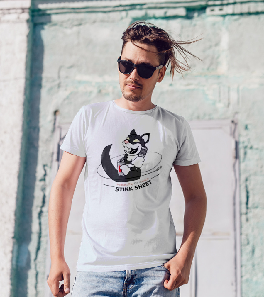 Podcast Psy Op Division Stink Sheet Mischievous Cartoon Cat With Microphone And Spray Can T-Shirt