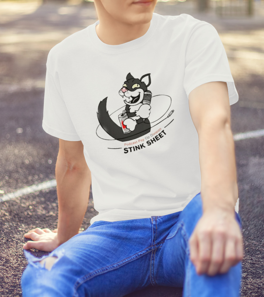 Podcast Psy Op Division Stink Sheet Mischievous Cartoon Cat With Microphone And Spray Can T-Shirt