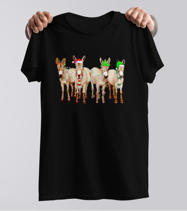 Merry Christmas Donkey Festive Holiday Lights With Reindeer Antlers And Santa Hats T-Shirt