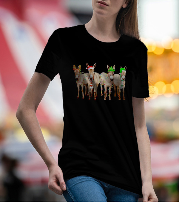 Merry Christmas Donkey Festive Holiday Lights With Reindeer Antlers And Santa Hats T-Shirt