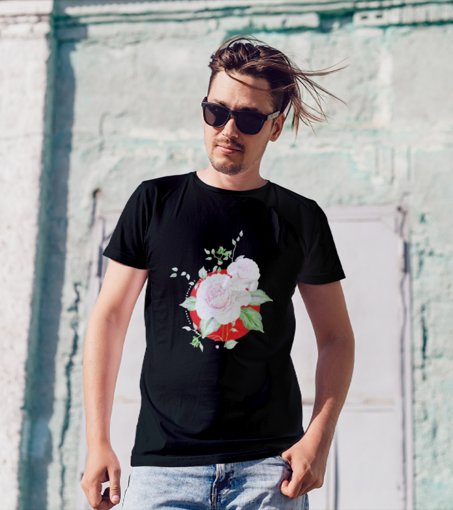 5Yr Kintsugi Rose Floral Design On Red Circle Background T-Shirt
