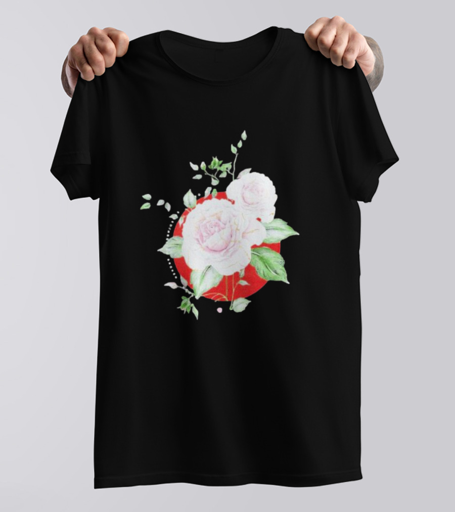 5Yr Kintsugi Rose Floral Design On Red Circle Background T-Shirt