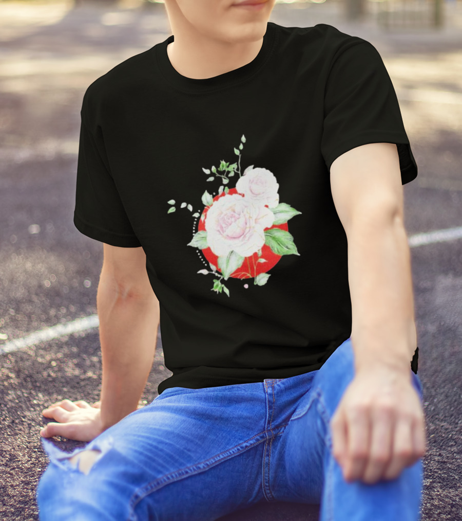 5Yr Kintsugi Rose Floral Design On Red Circle Background T-Shirt