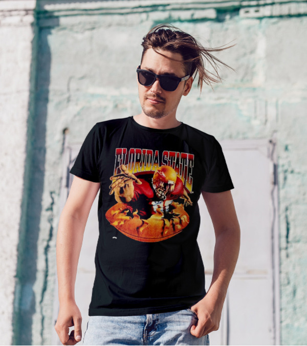 Florida State Seminoles FSU Football Player Emerging From Flames Two Sided Nutmeg T-Shirt