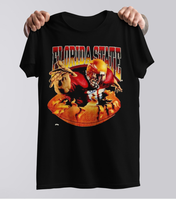 Florida State Seminoles FSU Football Player Emerging From Flames Two Sided Nutmeg T-Shirt