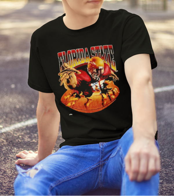 Florida State Seminoles FSU Football Player Emerging From Flames Two Sided Nutmeg T-Shirt