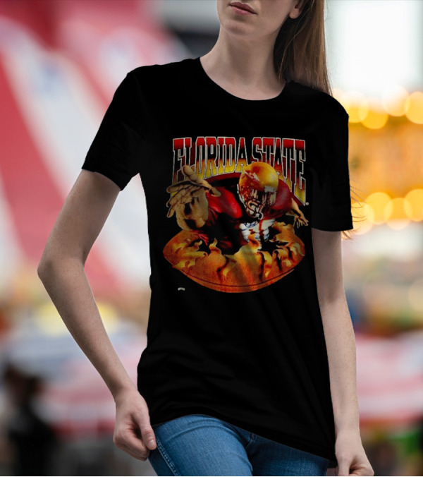 Florida State Seminoles FSU Football Player Emerging From Flames Two Sided Nutmeg T-Shirt