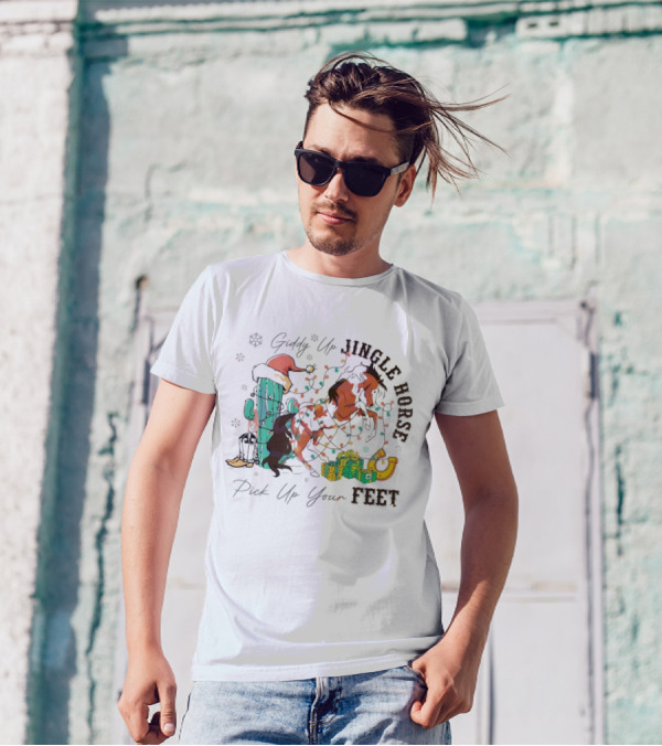 Giddy Up Jingle Horse Pick Up Your Feet Cactus With Santa Hat And Gifts T-Shirt