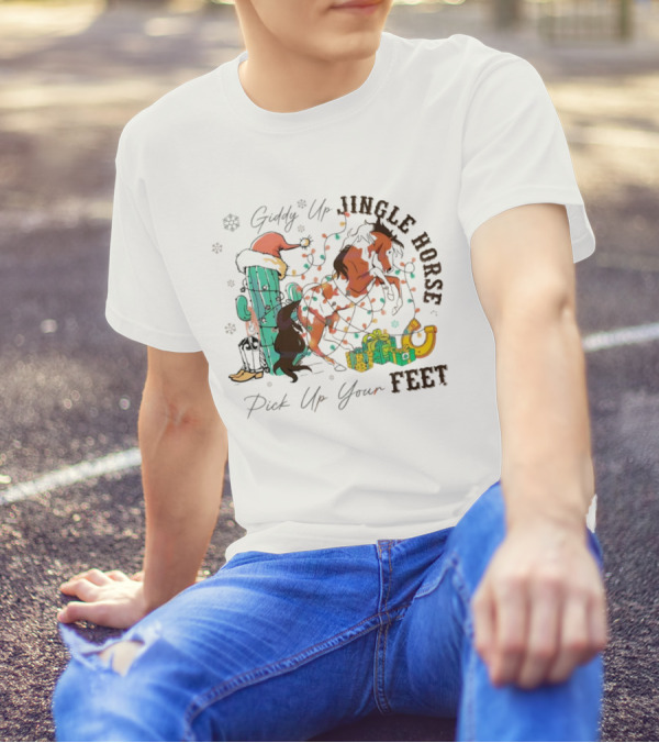 Giddy Up Jingle Horse Pick Up Your Feet Cactus With Santa Hat And Gifts T-Shirt