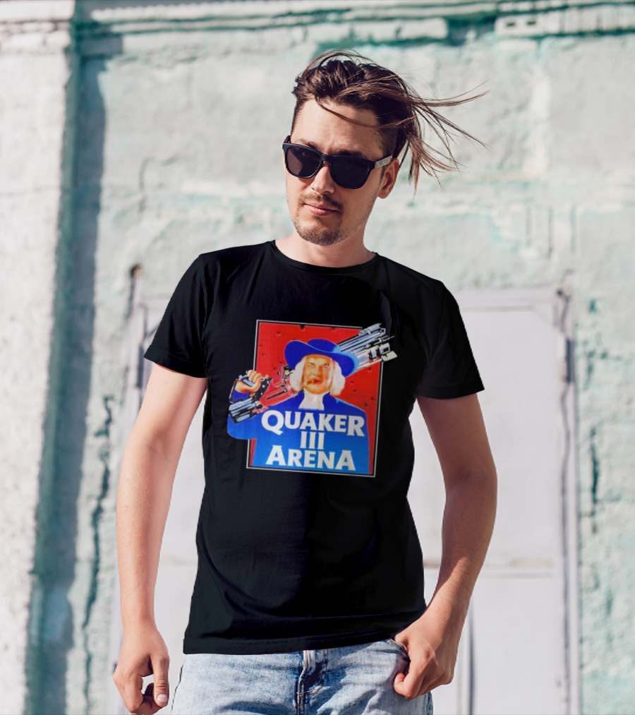 Quaker III Arena Parody Poster With Character In Blue Hat And Railgun T-Shirt