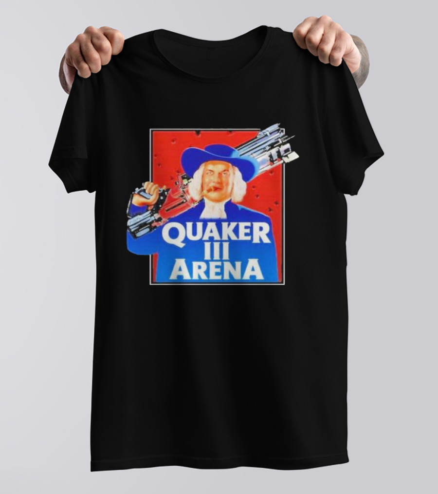 Quaker III Arena Parody Poster With Character In Blue Hat And Railgun T-Shirt