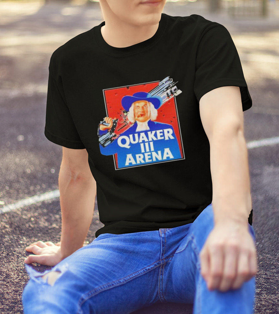 Quaker III Arena Parody Poster With Character In Blue Hat And Railgun T-Shirt