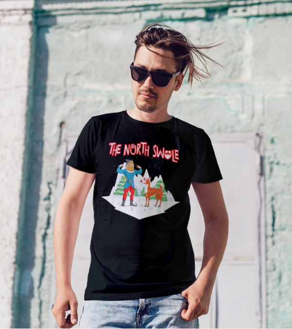 Papa Swolio Elf With Reindeer In The North Swole Winter Scene T-Shirt