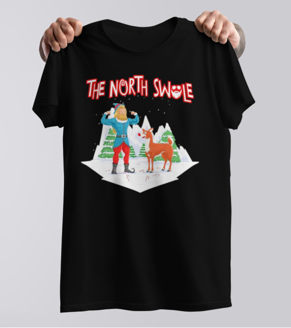 Papa Swolio Elf With Reindeer In The North Swole Winter Scene T-Shirt