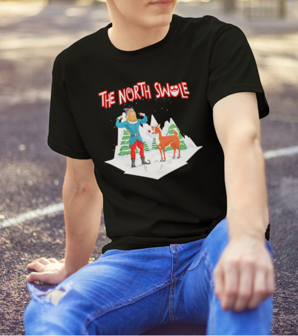 Papa Swolio Elf With Reindeer In The North Swole Winter Scene T-Shirt