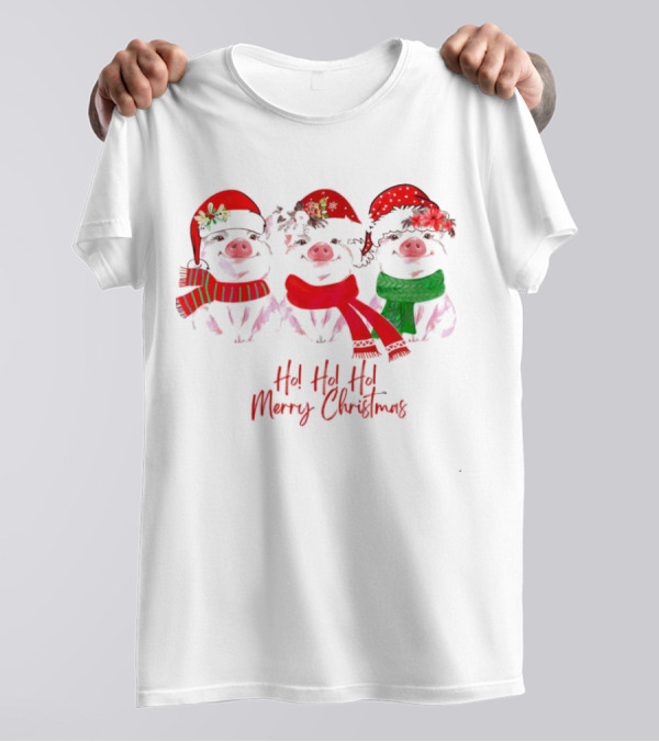 Ho Ho Ho Merry Christmas Pig Trio Santa Hat T-Shirt