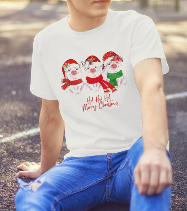 Ho Ho Ho Merry Christmas Pig Trio Santa Hat T-Shirt